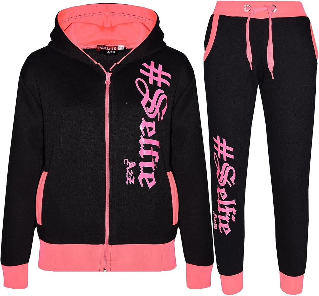 #SELFIE Black and Neon Pink Tracksuit Hoodie with Jogger Sweatpants Sports Casual Activewear Set Girls Boys 5-13