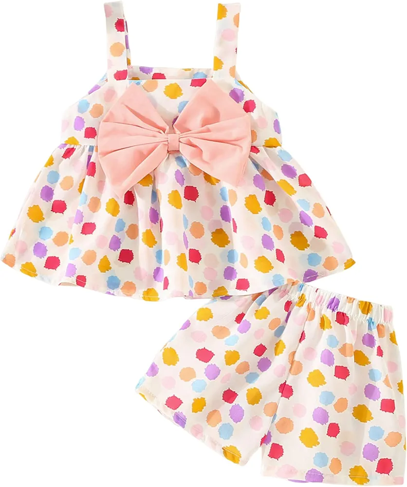 Summer Toddler Girls Sleeveless Bowknot Dot Prints Tops Shorts Two Piece Outfits Set For Kids Girls (Pink, 2-3 Years)