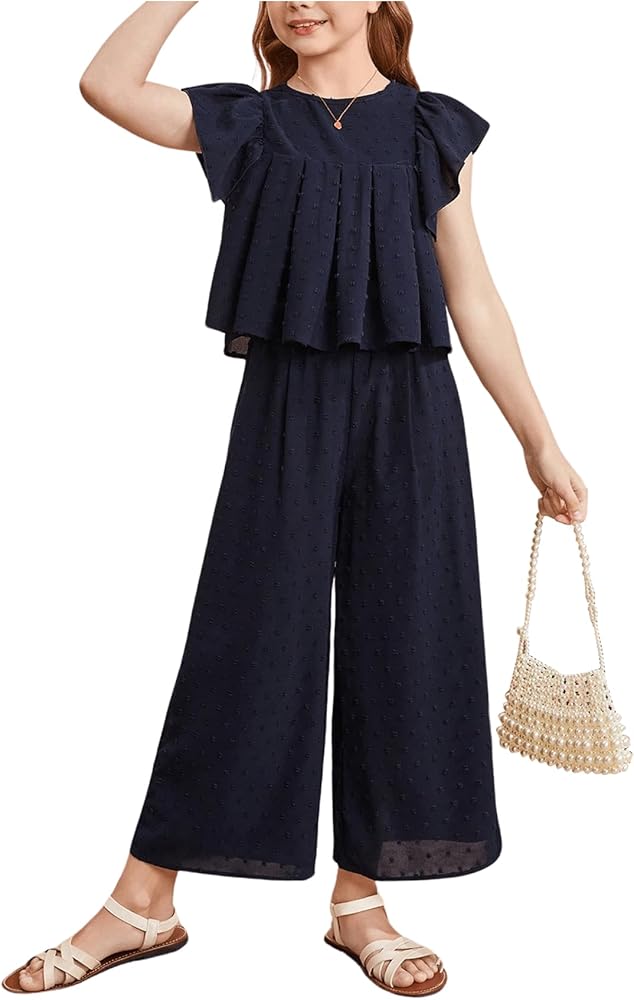 Girl's 2 Piece Outfits Cap Sleeve Blouse Round Neck Ruffle Hem Shirt Tops and Wide Leg Long Pants Set