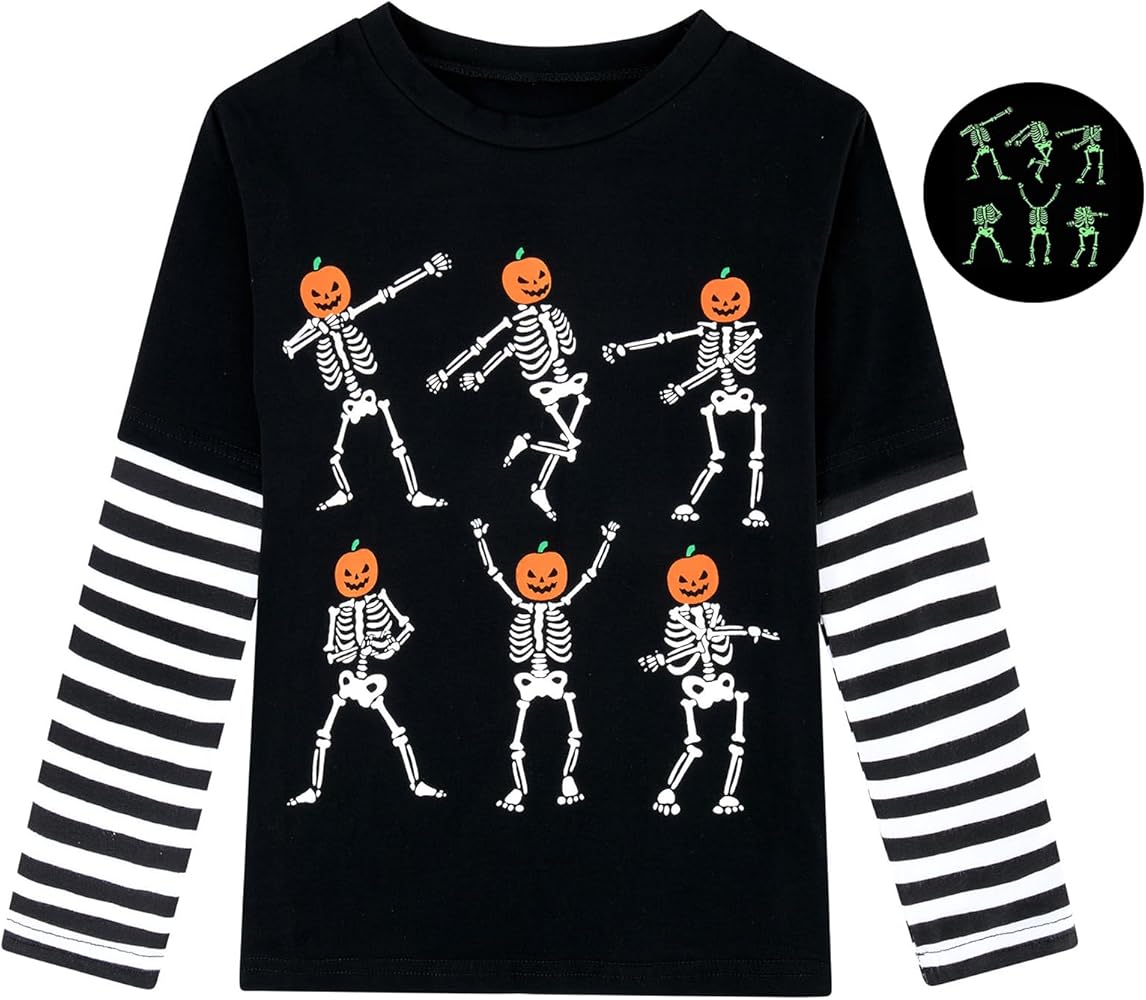 Unisex Kids Boys Halloween Shirt Glow in The Dark Skeleton Pumpkin Tee