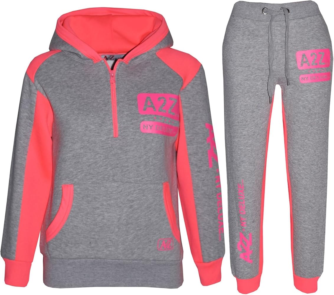 Girls Contrast Panel Grey and Neon Pink A2Z NY Tracksuit Deluxe Stars Print - T.S A2Z NY 001 Grey & Neon Pink._13