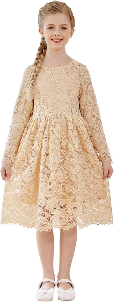 SMILING PINKER Girls Long Sleeve Lace Dress Formal Flower Girl Wedding Party Communion Dressy