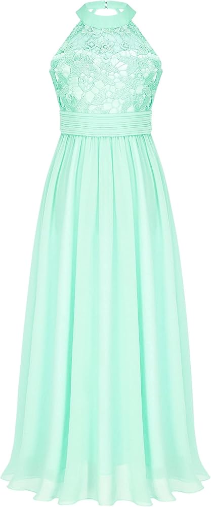 YiZYiF Kids Flower Girl Dress Girls Halter Chiffon Lace Wedding Evening Prom Party Long Maxi Gown Mint Green 6 Years