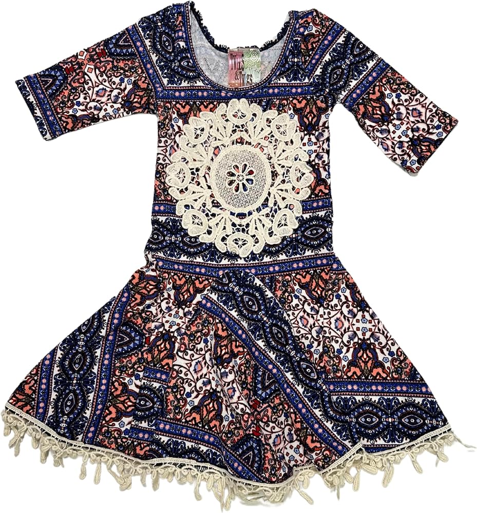 One Size Girls' Crochet Lace Trim Twirl Dress with Elbow Sleeve