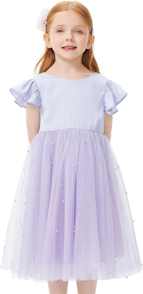 Girls Purple Dress V Back Casual Girl Dress Ruffle Sleeve Butterfly Bow Beading Mesh Tulle Skirt Summer Dress Wedding 4-9 Years