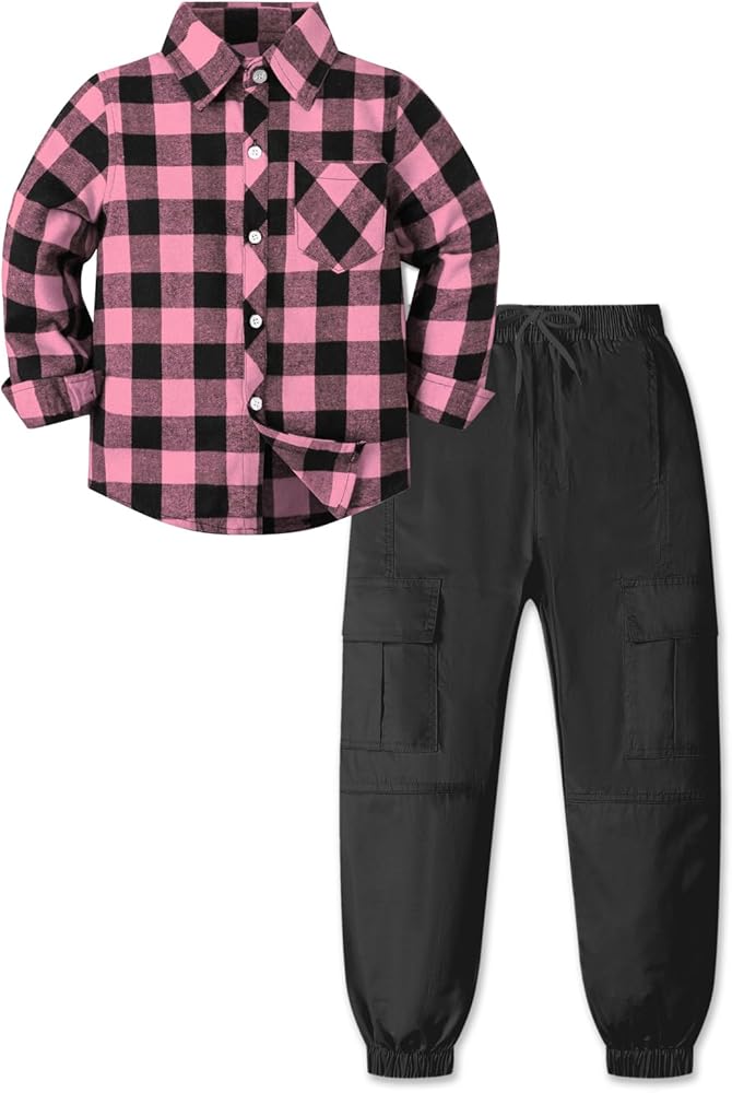 Betusline Long Sleeve Flannel Plaid Shirt Button Down Shirts and Cargo Jogger Pants Outfits 2pcs Clothes Set