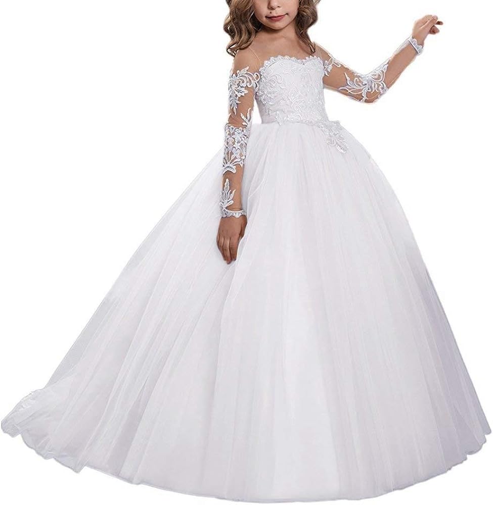 Lace Embroidery Sheer Long Sleeves Kids Flower Girl Dresses