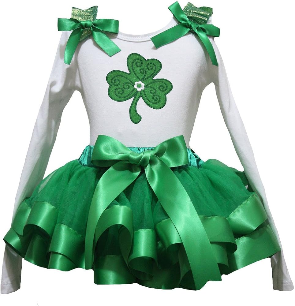 Petitebella Clover Leaf White L/s Shirt Kelly Green Ribbon Petal Skirt Nb-8y