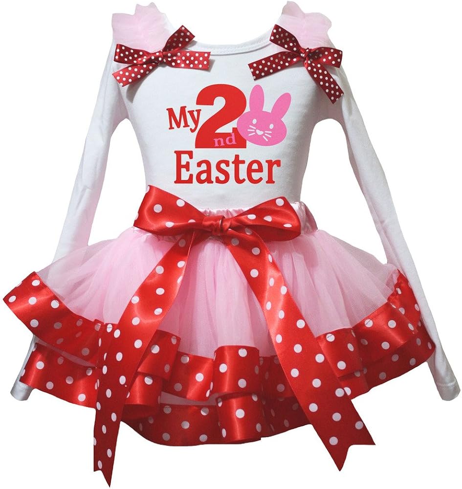 Petitebella My 2nd Bunny Easter White L/s Shirt Pink Red Dots Petal Skirt Nb-8y