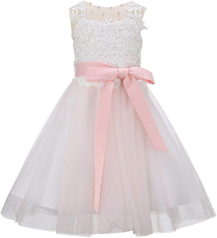 Bow Dream Lace Vintage Flower Girl's Dress Tulle Sleeveless Blush Pink 4T