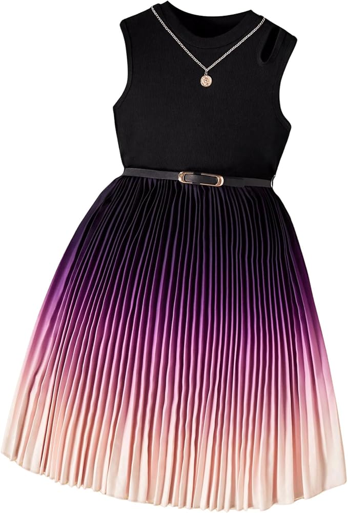 Floerns Girl's Ombre Print Sleeveless Cut Out Pleated Hem Tank Dress with Belt