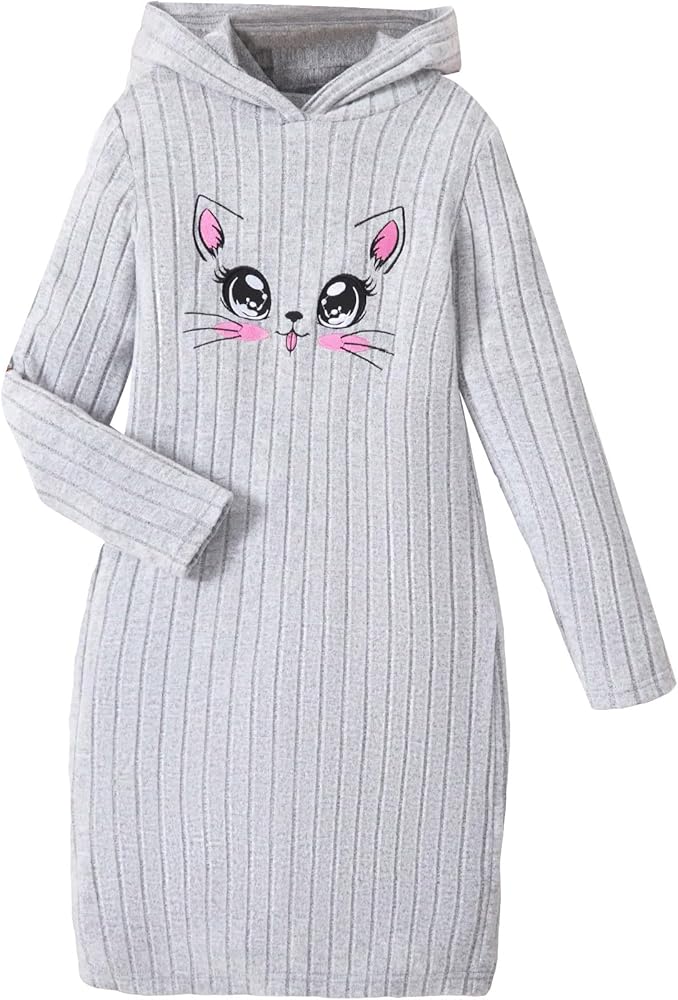 WDIRARA Girl's Cartoon Graphic Ribbed Knit Hoodie Dress Long Sleeve Casual Sweatshirt Dresses