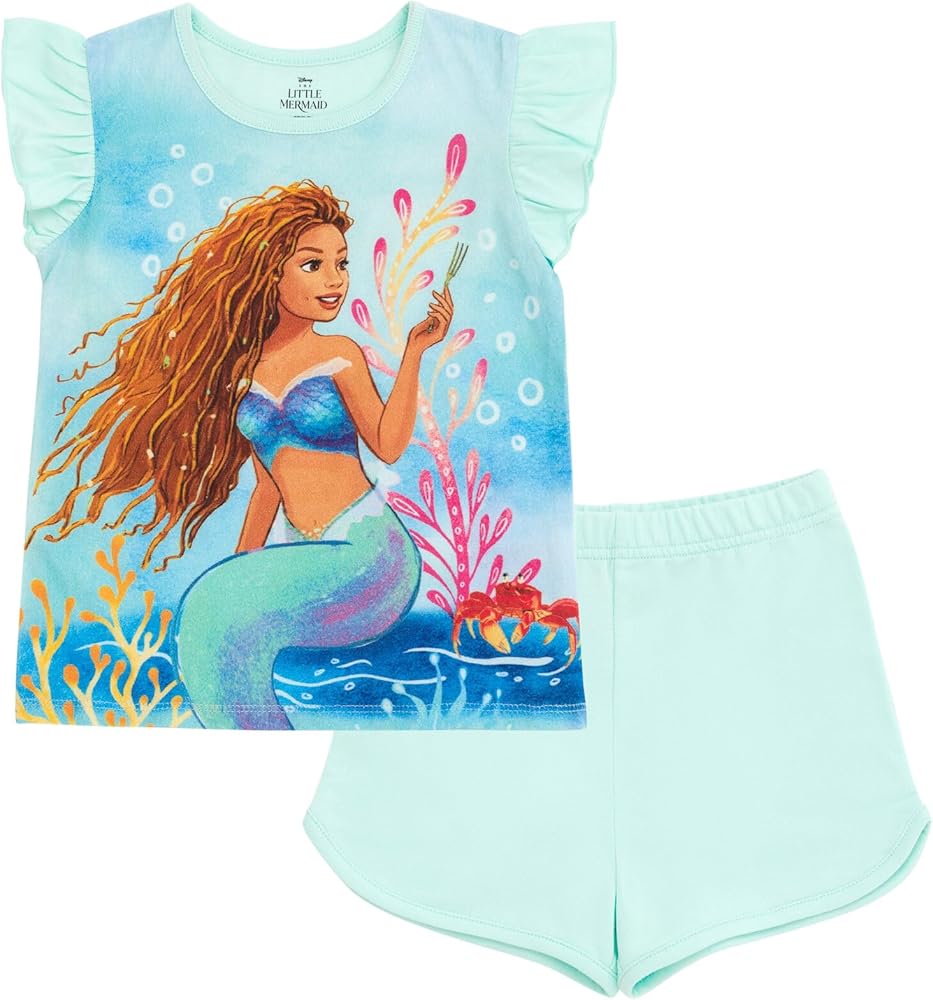 Disney Minnie Mouse Lilo & Stitch Little Mermaid Ariel Floral T-Shirt and French Terry Shorts Outfit Set Infant to Big Kid