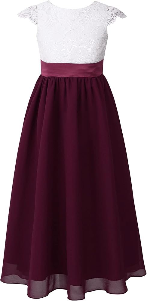 YiZYiF Kids Girl's Floral Llace Chiffon Dress Cap Sleeve Long Maxi Special Occasion Dresses Prom Gowns Burgundy 6 Years