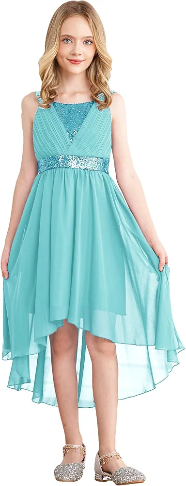 JEEYJOO Kids Girls Sleeveless Sequin Wedding Birthday Party Ball Gown High Low Bridesmaid Dress Turquoise 6 Years