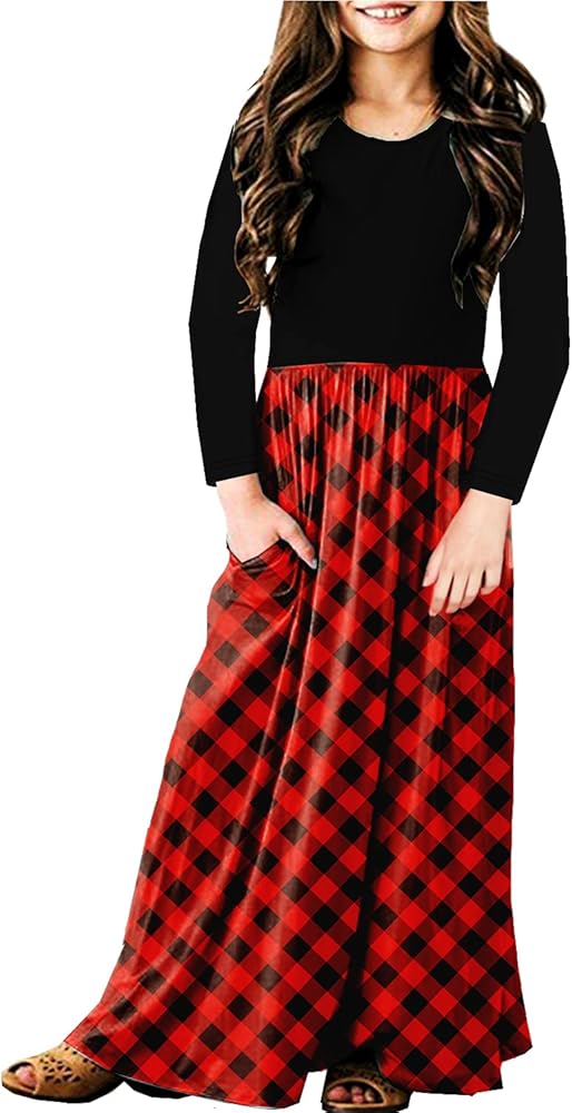 Girl Red Buffalo Plaid Dress Winter Swing Aline Christmas Maxi Dress with Pockets 13-14 Years