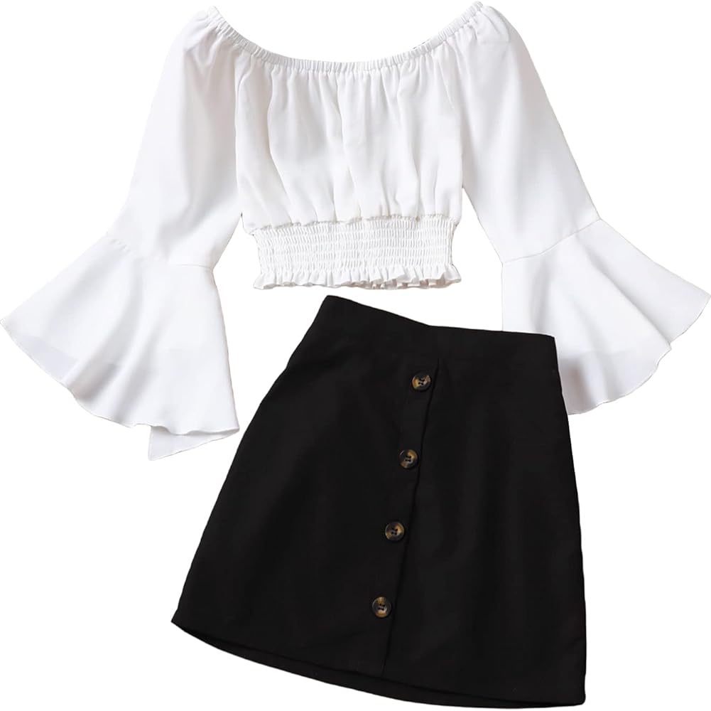 Milumia Girl's Two Piece Outfits Off Shoulder Smocked Bell Sleeve Blouse and Button Front Skirt Set