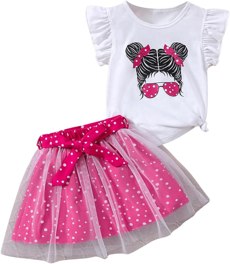 Floerns Girl's 2 Piece Outfit Ruffle Trim Tee Shirt and Overlay Mesh Skirt Set