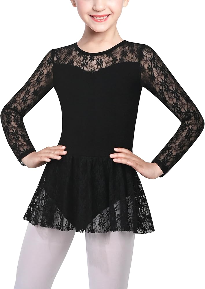 Sunny Fashion Girls Dress Basic Leotard Lace Long Sleeve Ballet Dance Gymnastic