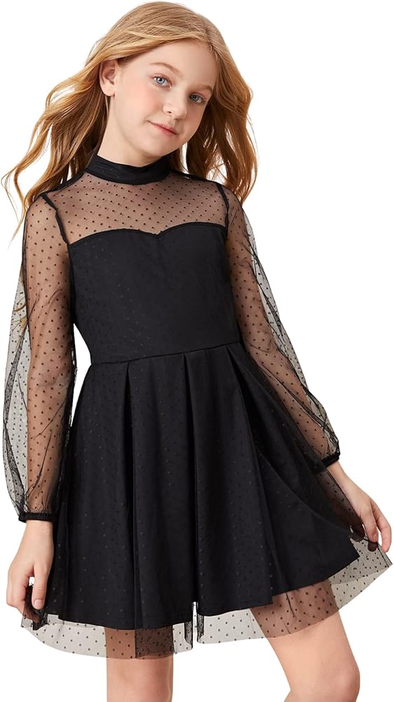 SOLY HUX Girl's Contrast Mesh Long Sleeve Mock Neck High Waist Flared A Line Dress