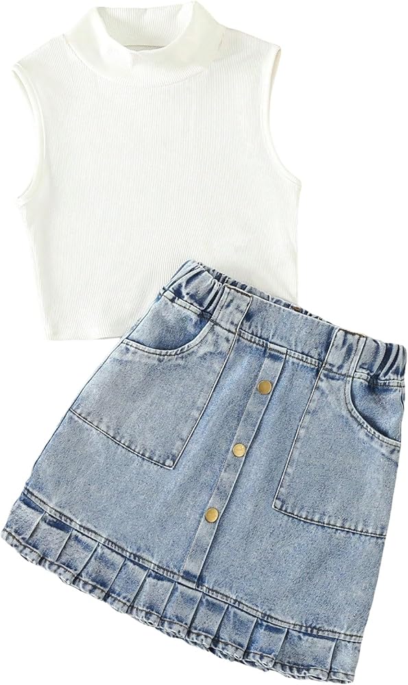 Verdusa Girl's 2 Piece Outfits Mock Neck Tank Top and Ruffled Denim Skirt Set