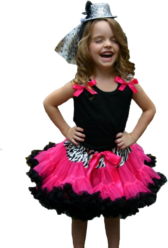 Ruffles Bow Pettitop Zebra Waist Hot Pink Black Girl Pettiskirt Set 1-8y