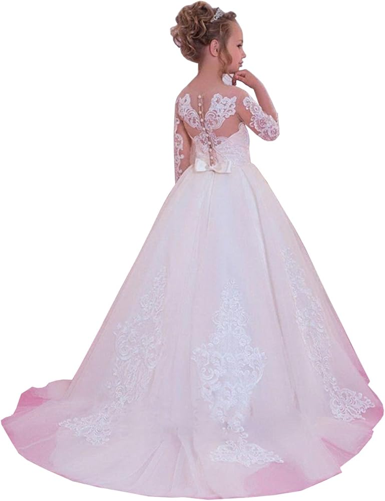 Mulanbridal Long Sleeves Lace Flower Girl Dress First Communion Kids Trailing Gowns