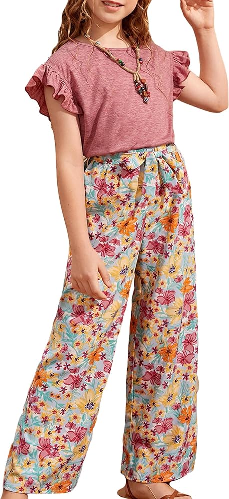 SHENHE Girl's 2 Piece Ruffle Trim Floral Print Cap Sleeve Round Neck Belted Pants Set