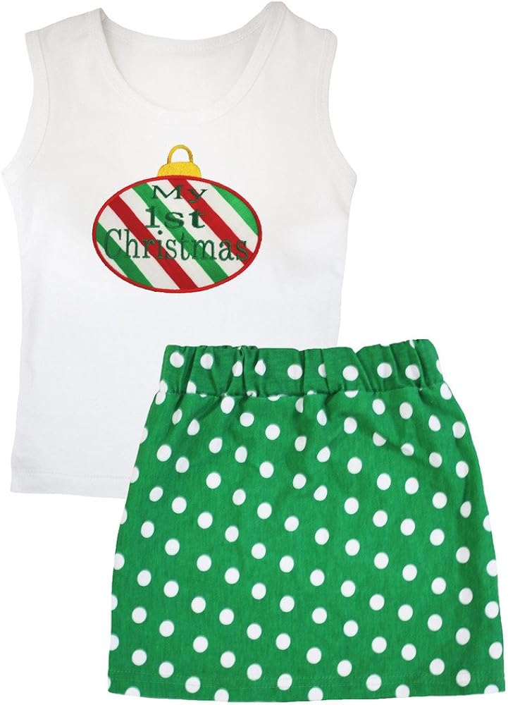 Petitebella Dress My 1st Christmas White Vest Polka Dots Green Skirt Set 1-8y