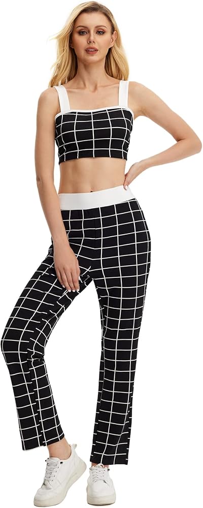 Milumia Women's Two Piece Outfit Houndstooth Plaid Crop Tank Top and Pants Set