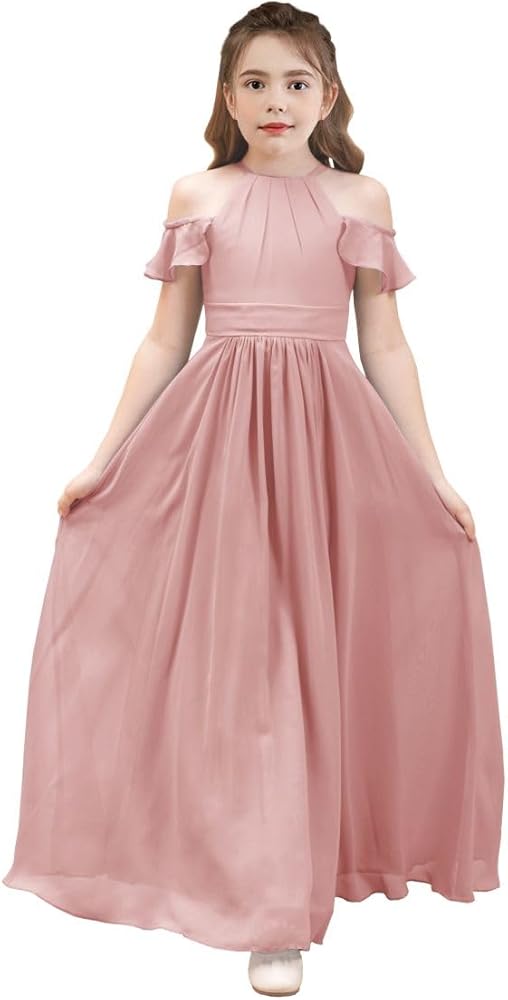 Halter A-Line Chiffon Junior Girls Bridesmaid Dresses for Wedding Princess Party Formal Gowns PY029