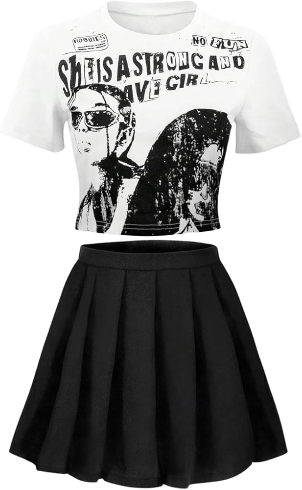 Girl's Two Piece Summer Outfit Graphic Print Short Sleeve T Shirt and High Waist Pleated Skirt Set