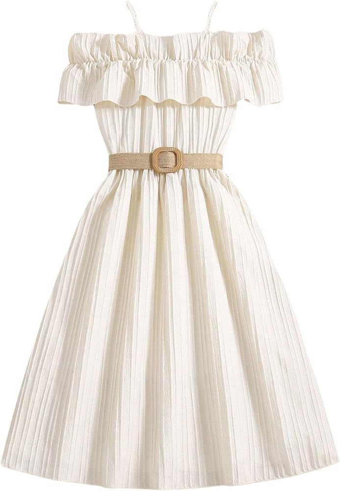 Girl's Ruffle Cold Shoulder A Line Dress High Waisted Flared Party Dresses Midi Summer Dress