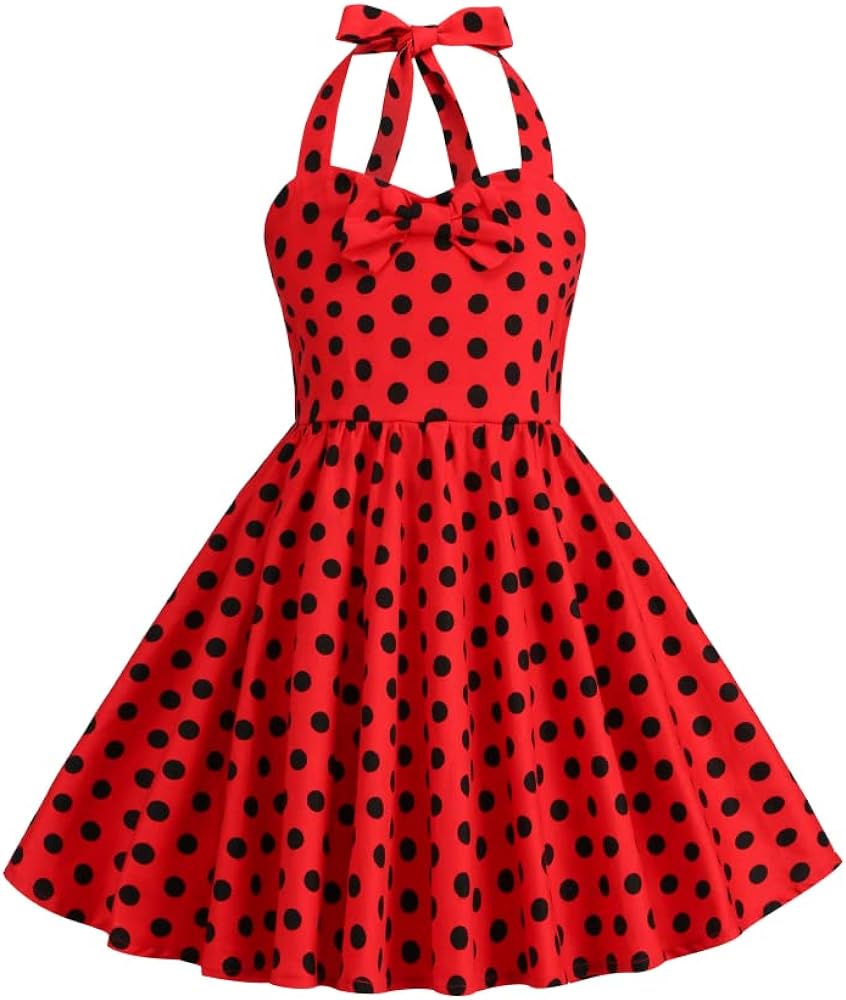 Kids Girls 50s Vintage Polka Dot Dress Retro Rockability Girls 1950s Princess Girl Dress Retro 1950s Dresses Kids Halter Party Dress for Carnival Christmas Dresses for Girls Polka Dot Red 5-6 Years