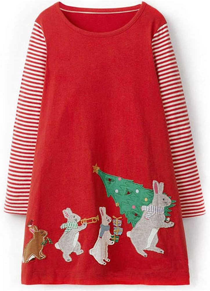 Girls Christmas Dress Adorable Longsleeve Cotton Dress in Festive Red Size 4-7 Years