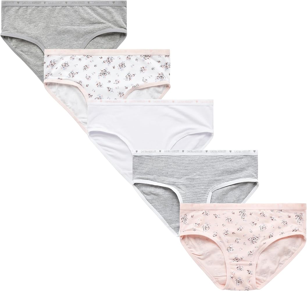 Laura Ashley Girls' Briefs Underwear - 5 Pack Breathable Soft Stretch Brief Panties - Cotton Underwear for Girls (4-12)