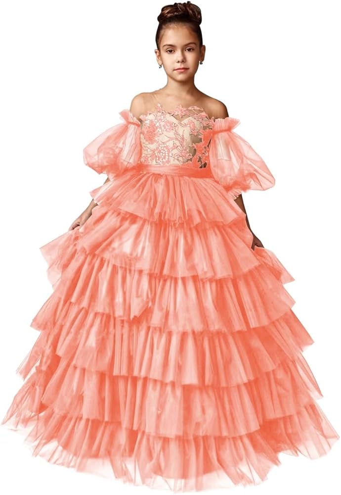 Tulle Pageant Dress Lace Flower Girl Dresses Appliques Tiered Princess Ball Gown Kids Prom Formal Gowns