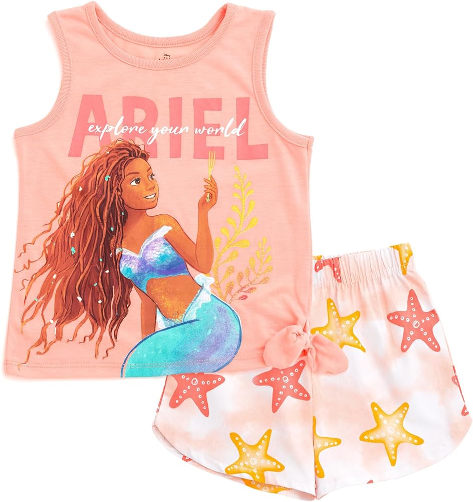 Disney Princess Ariel Little Mermaid Live Action Movie Girls Tank Top and Twill Shorts Outfit Set Toddler to Big Kid