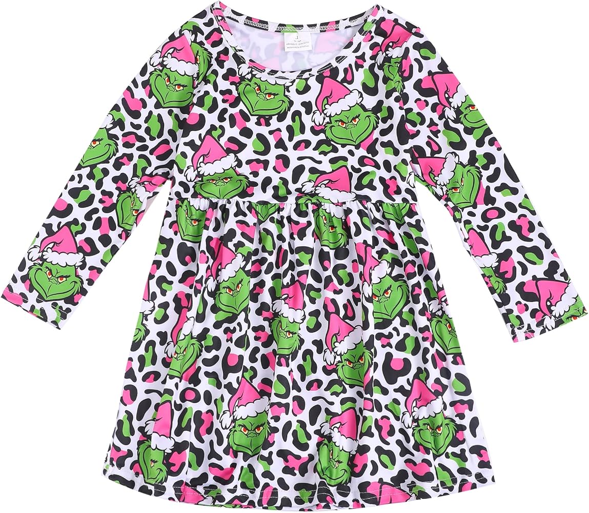 Christmas Halloween Toddler Girls Dress Green Ghosts Dress Twirl Long Sleeve Winter Dress 6-7Y