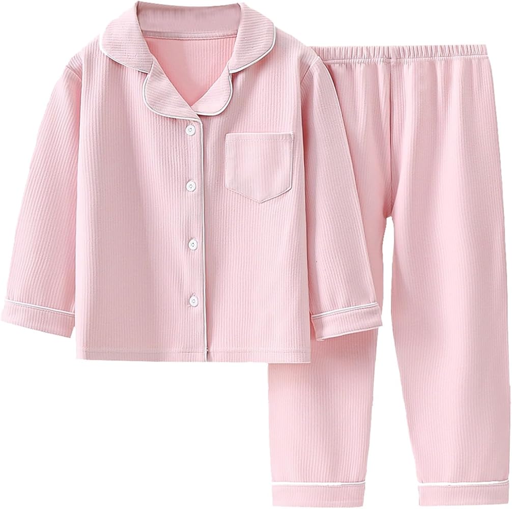 Kids Solid Knit Long Sleeved Home Wear 2pc Button Down Pocket Lapel Shirt Loose Pants 