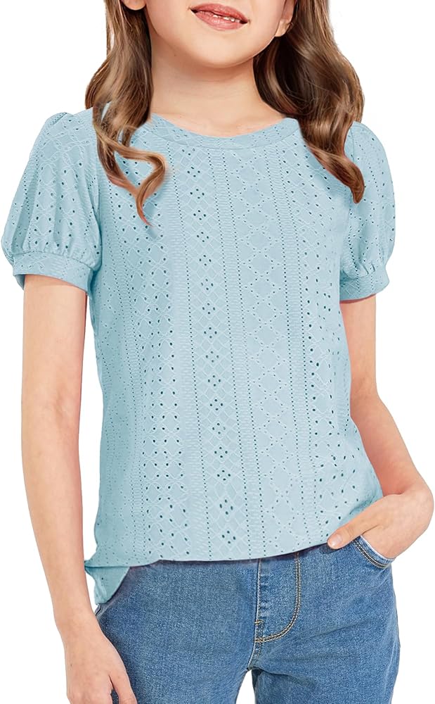 Girls Short Sleeve Shirts Summer Tunic Tops Puff Sleeve Lace Blouse for Girls 5-14 Years