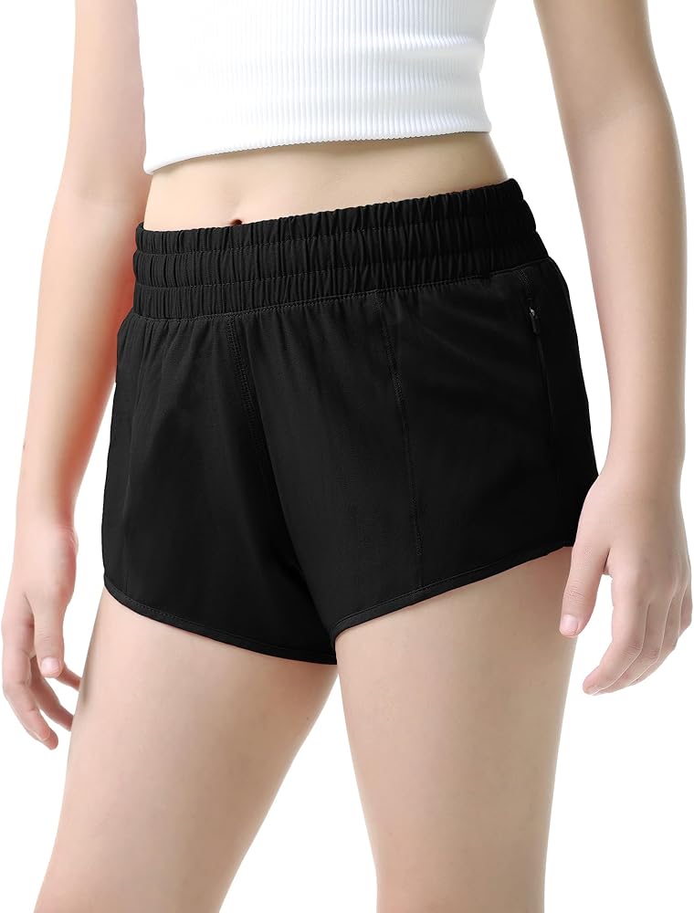 Aurefin Girls Lightweight Athletic Shorts, Quick Dry Running Shorts with Zip Pocket, Workout Sports Short for Teen Kids