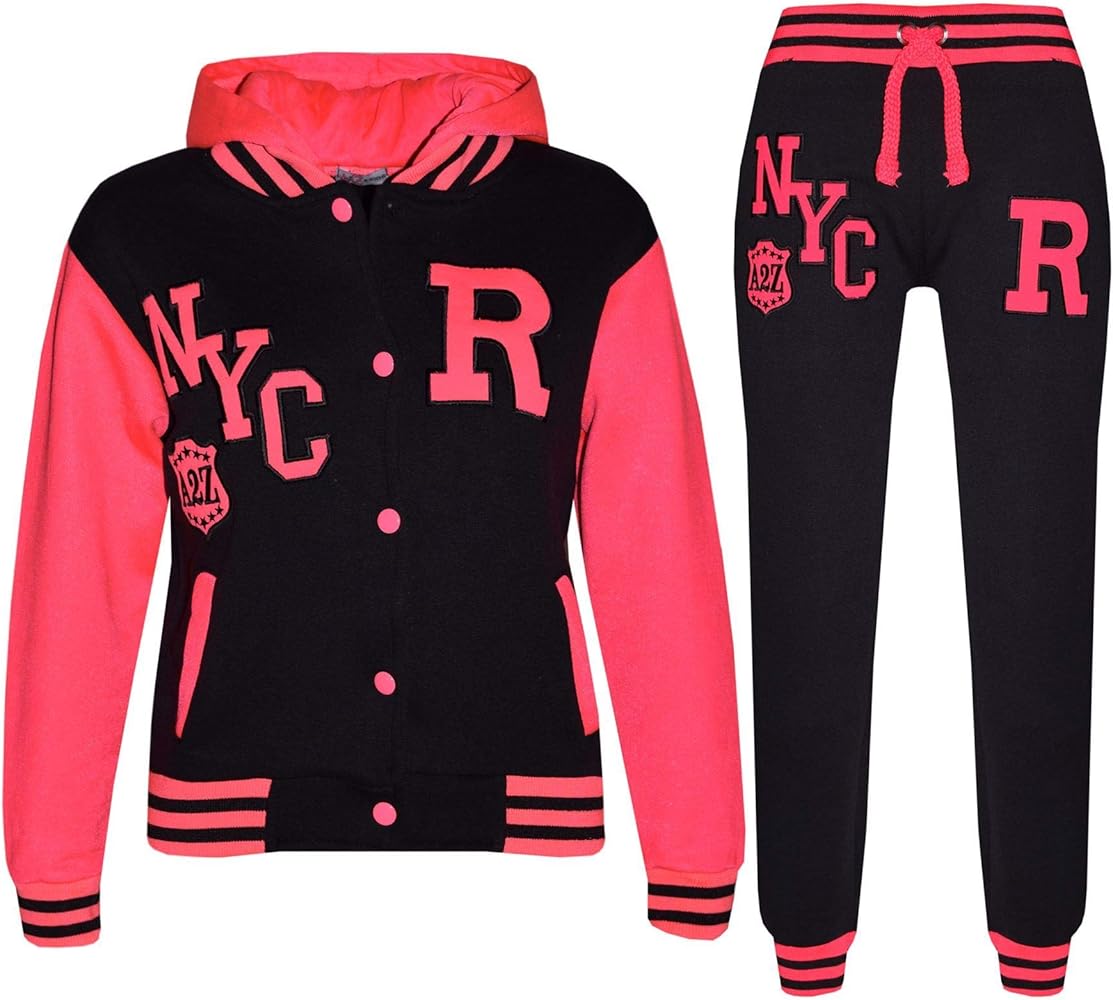 Kids Girls Boys Hooded NYC Baseball Varsity Neon Pink Tracksuit Hoodie & Bottom