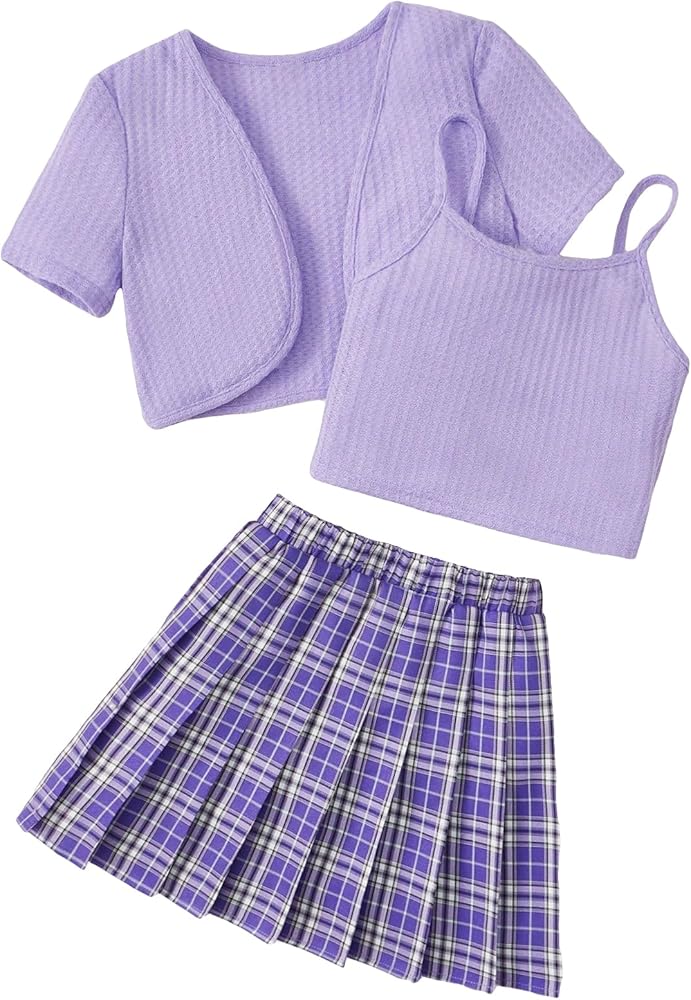 Milumia Girl's 3 Piece Outfits Short Sleeve Cardigan Jacket and Plaid Skater Skirt with Camisole