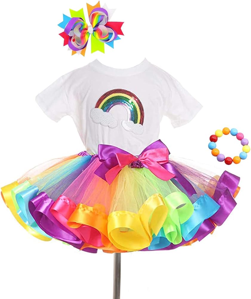 Girls Kids Rainbow T-Shirt and Colorful Ballet Tutu Skirt & Hair Bows with Beaded Bracelet Set