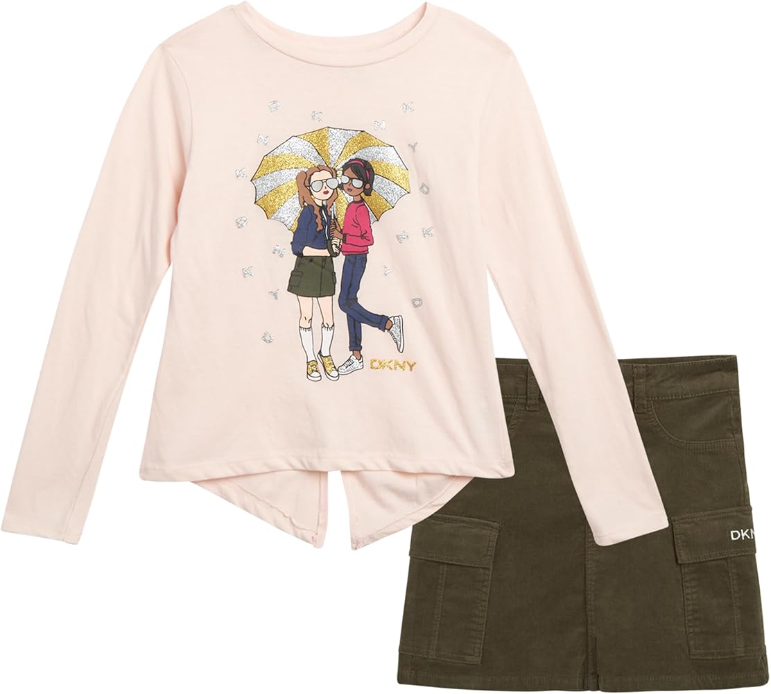 DKNY Girls' Skirt Set - 2 Piece Long Sleeve T-Shirt and Button Front Corduroy Skirt (Size: 7-12)