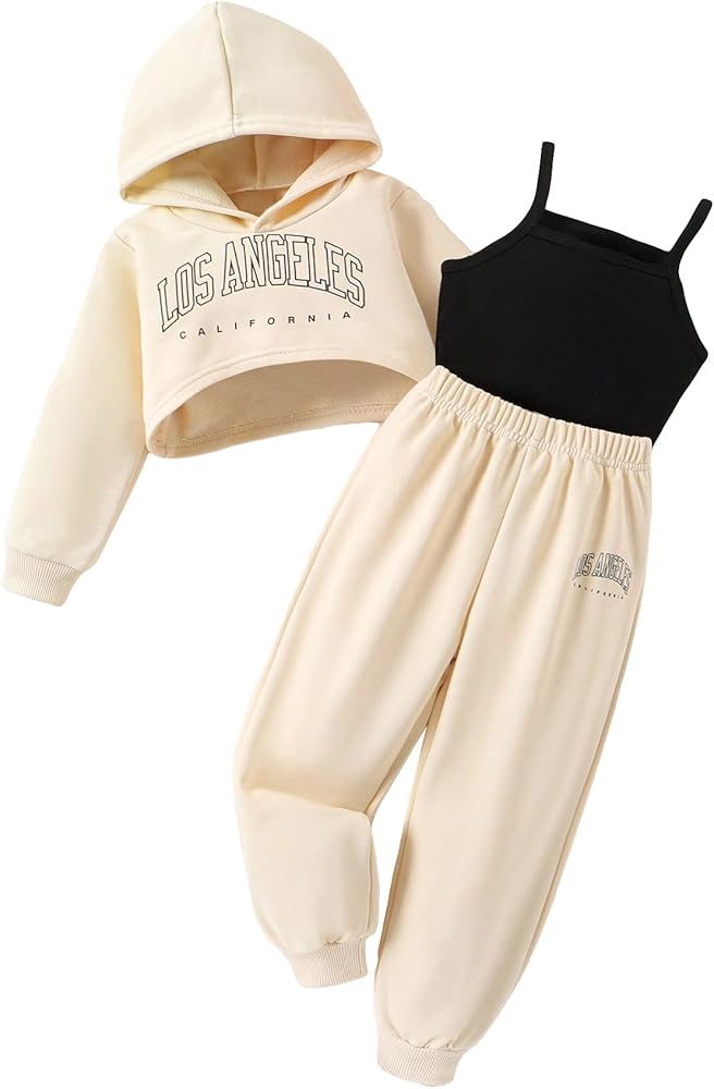 Verdusa Toddler Girl's 3 Piece Outfits Crop Cami Top and Hoodie Sweatshirt with Pants