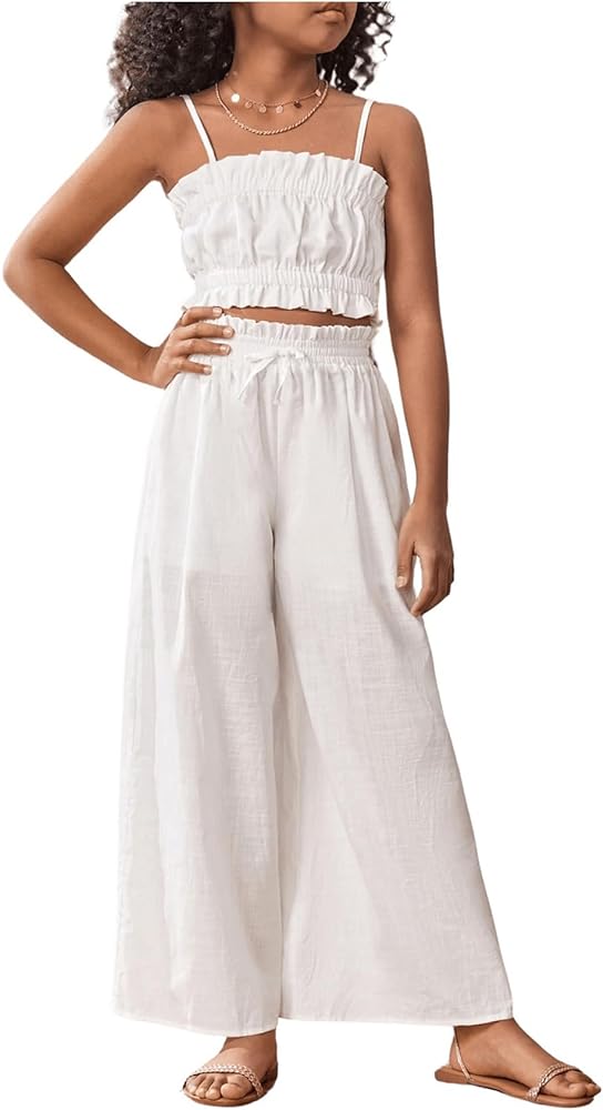 Floerns Girl's 2 Piece Set Ruffle Trim Cami Tops with Paperbag Waist Wide Leg Pants