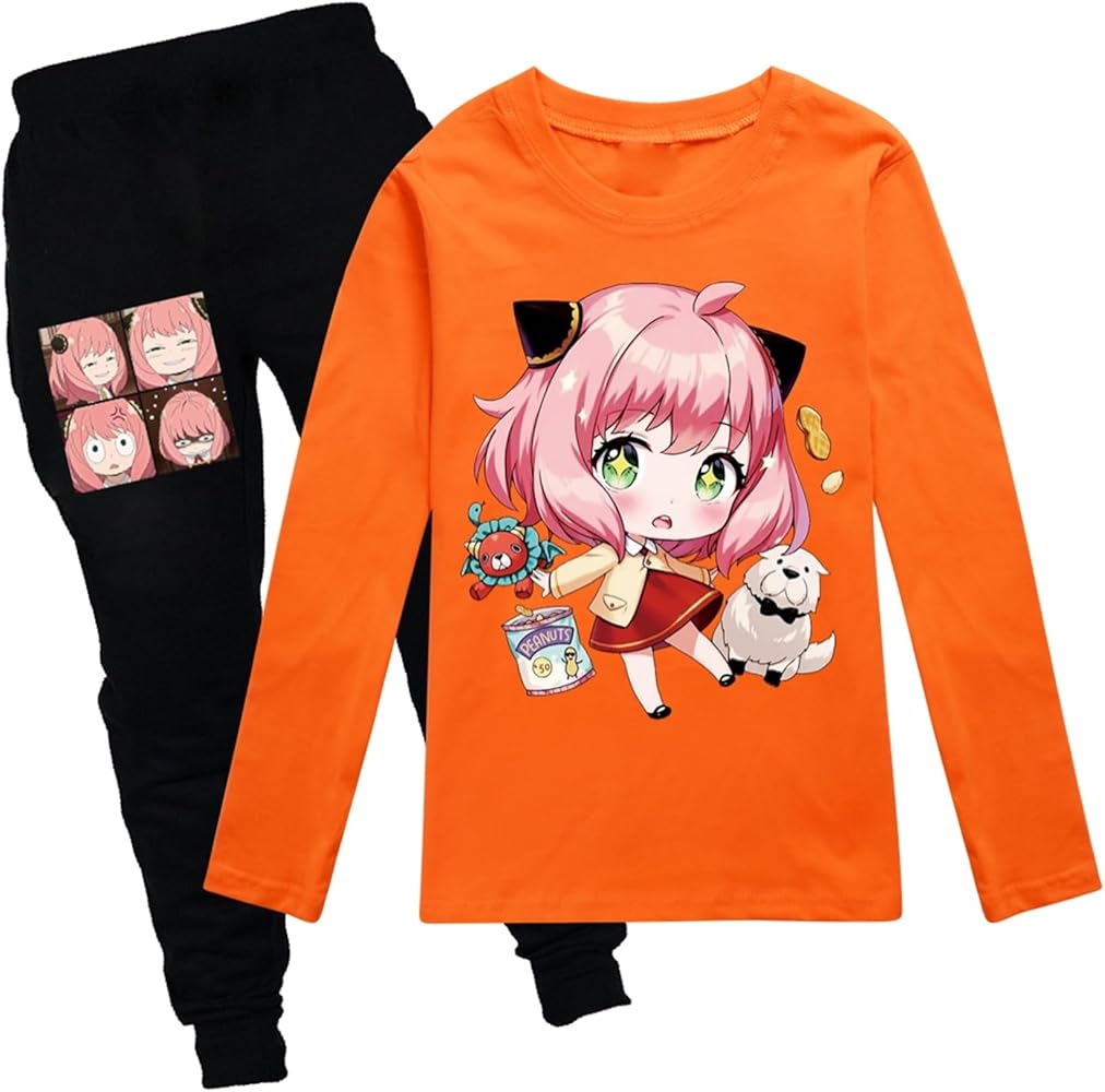 Kids Girls Basic Long Sleeve Tops Casual Crewneck T-shirts+Pants Sets Spy Family Cute Anime Graphic Clothing Sets