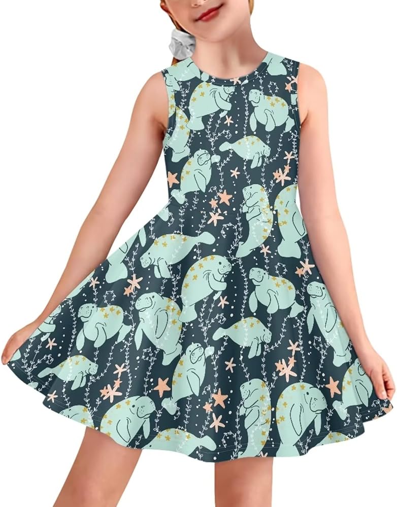 Girls Spring Crewneck Sleeveless Dress Fashion Elastic Swing Sundress 3-16 Years